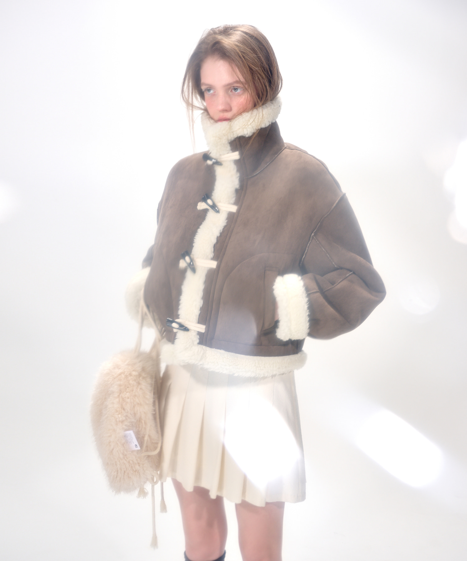 High-Neck Suede Mustang Coat, Brown