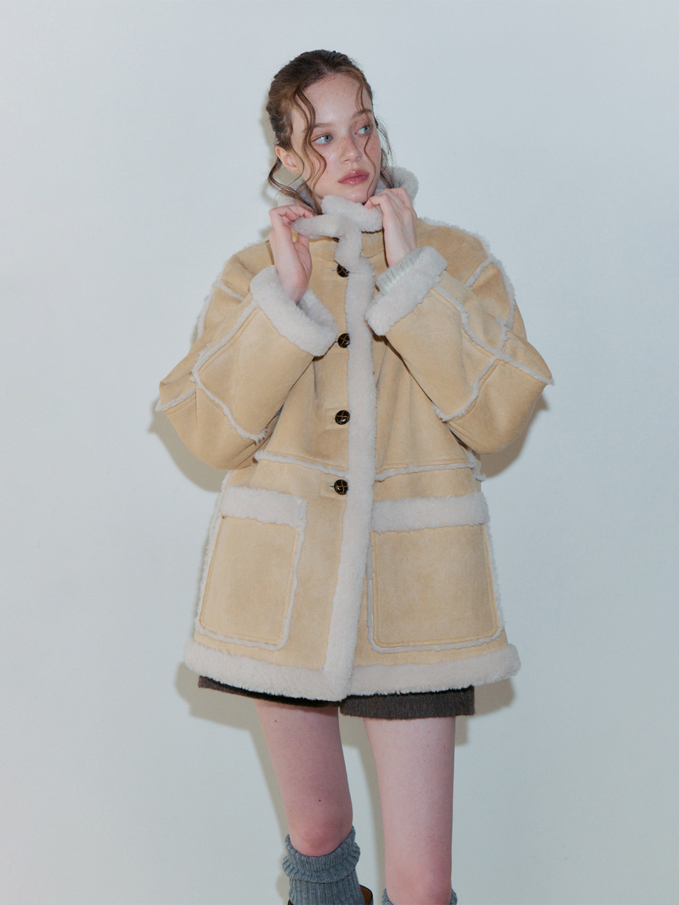 Suede Button Mustang Coat, Light Beige