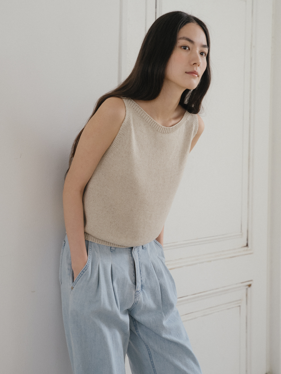 Linen boat neck sleeveless [TISU05TN01]_Beige