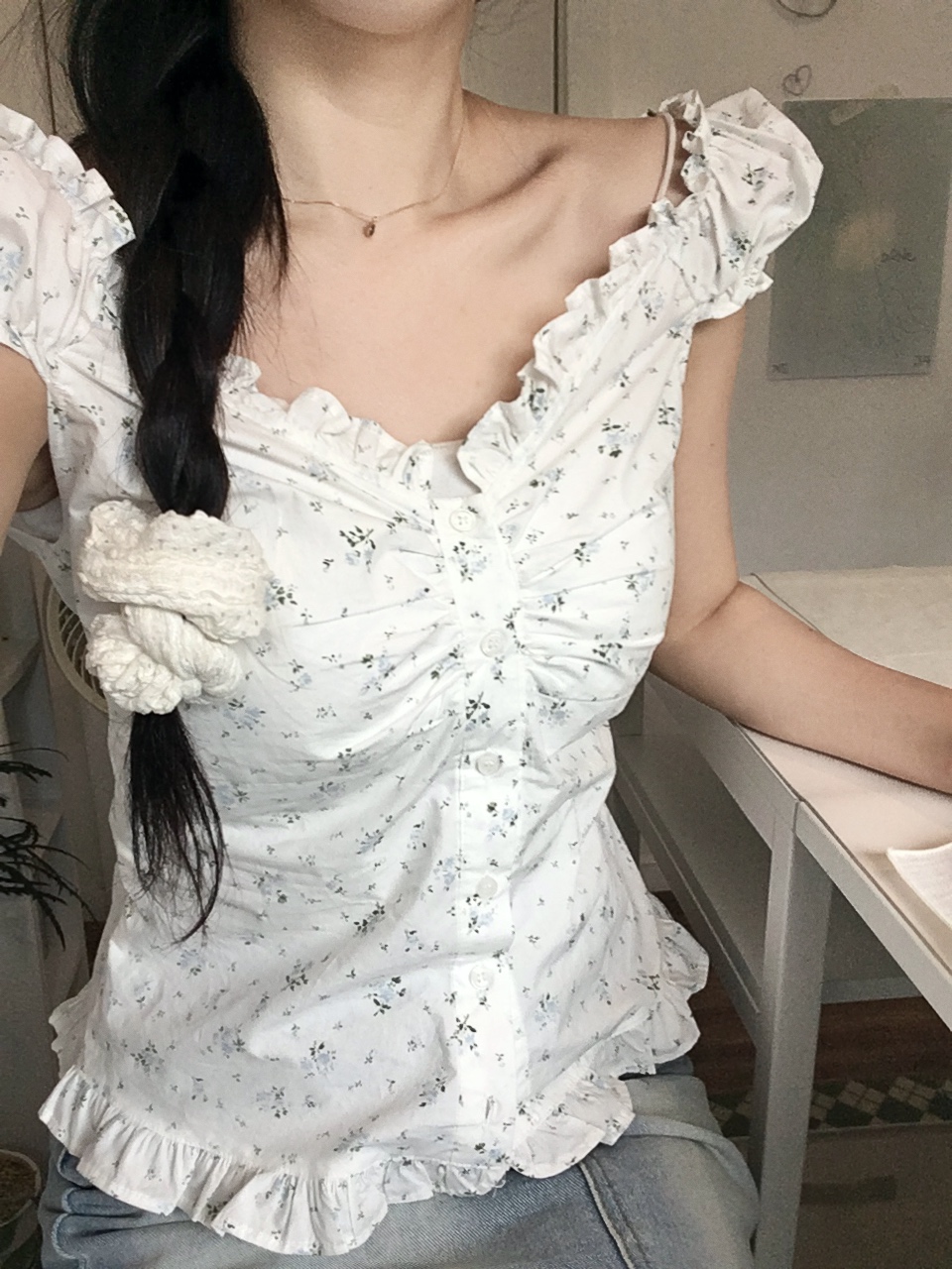 girlish 星くずブラウス　美品 index｜《7色展開/S-LLサイズ》フリルタックスリーブキーネック