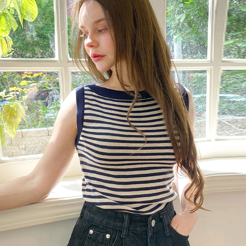 Striped knit sleeveles - Beige