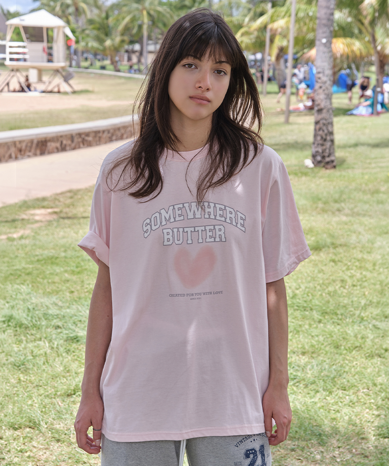 Fuzzy Heart Logo Over-Fit Top - Light Pink | ファッション通販