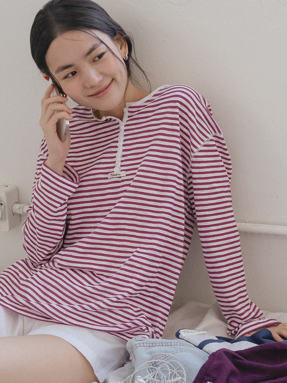 4-Button point stripe t-shirt [TISU05LT02]_Purple