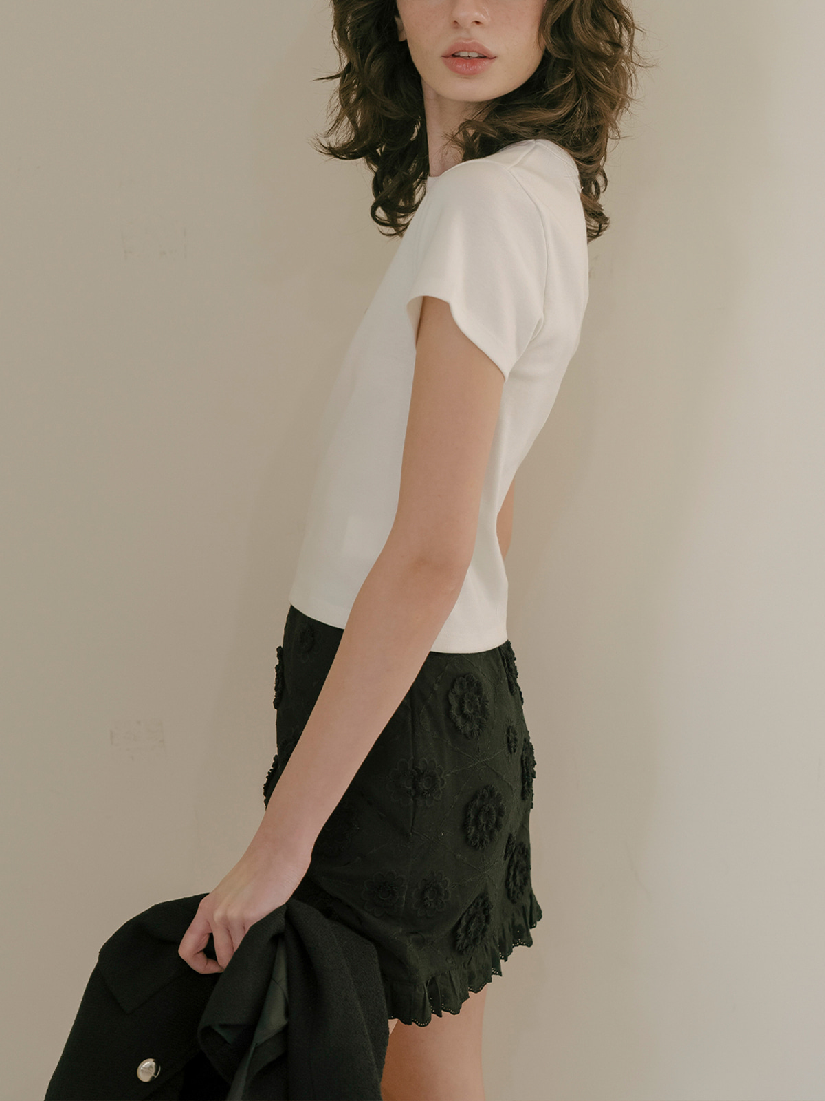 Flower frill lace skirt_Black