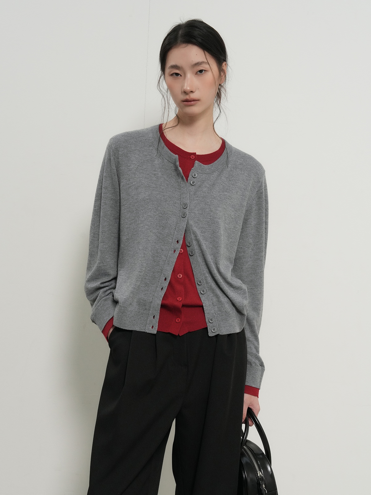 double layered crew neck cardigan