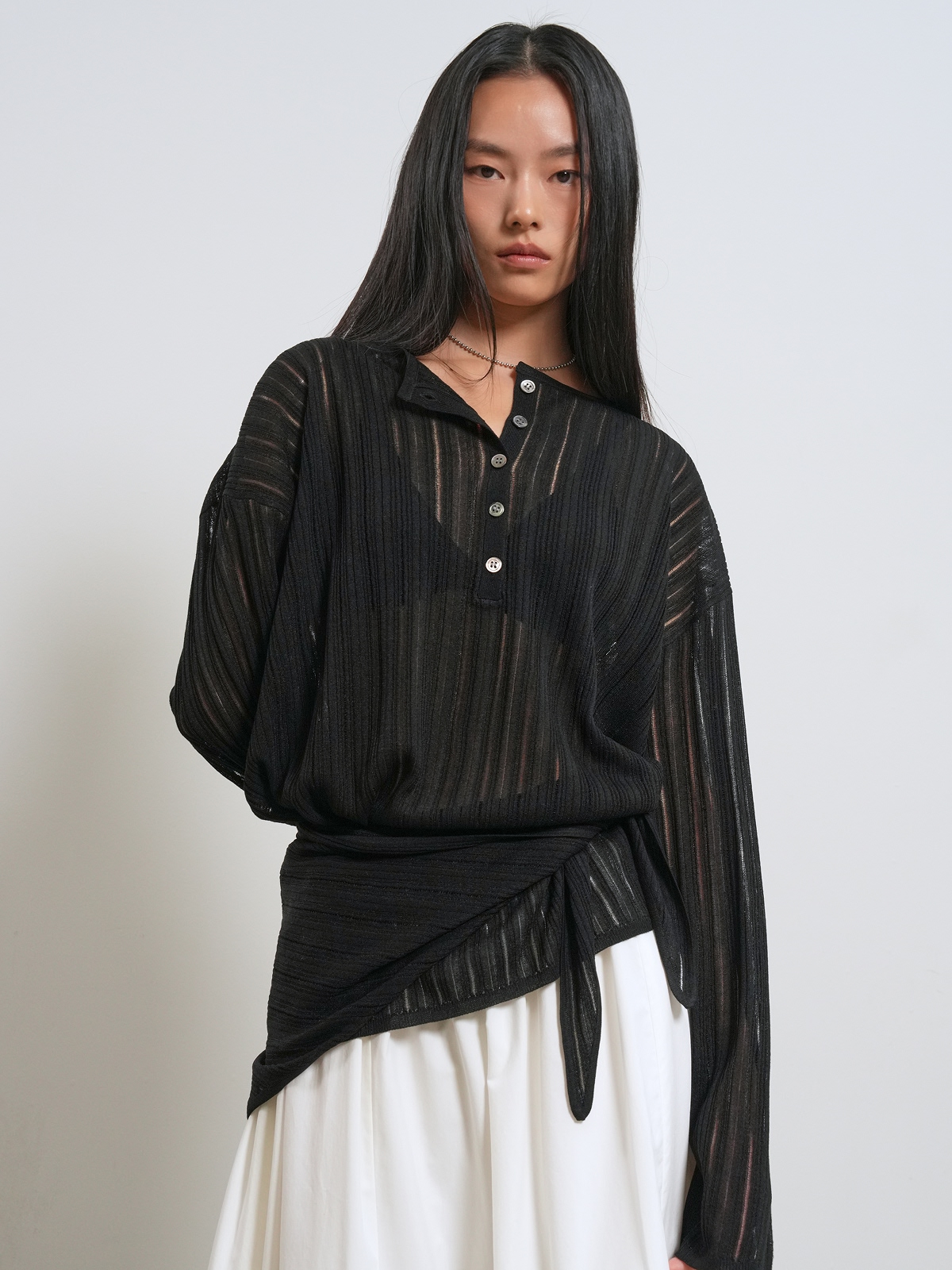 see-through henry-neck pullover