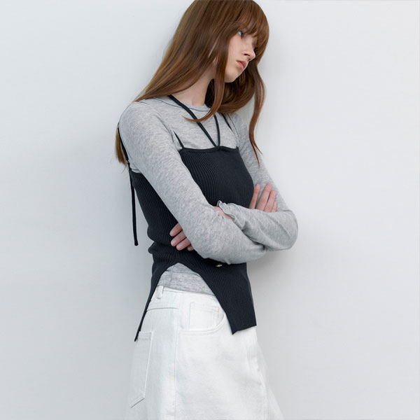 (T-7256)SHIRRING BUSTIER TIE KNIT SET S