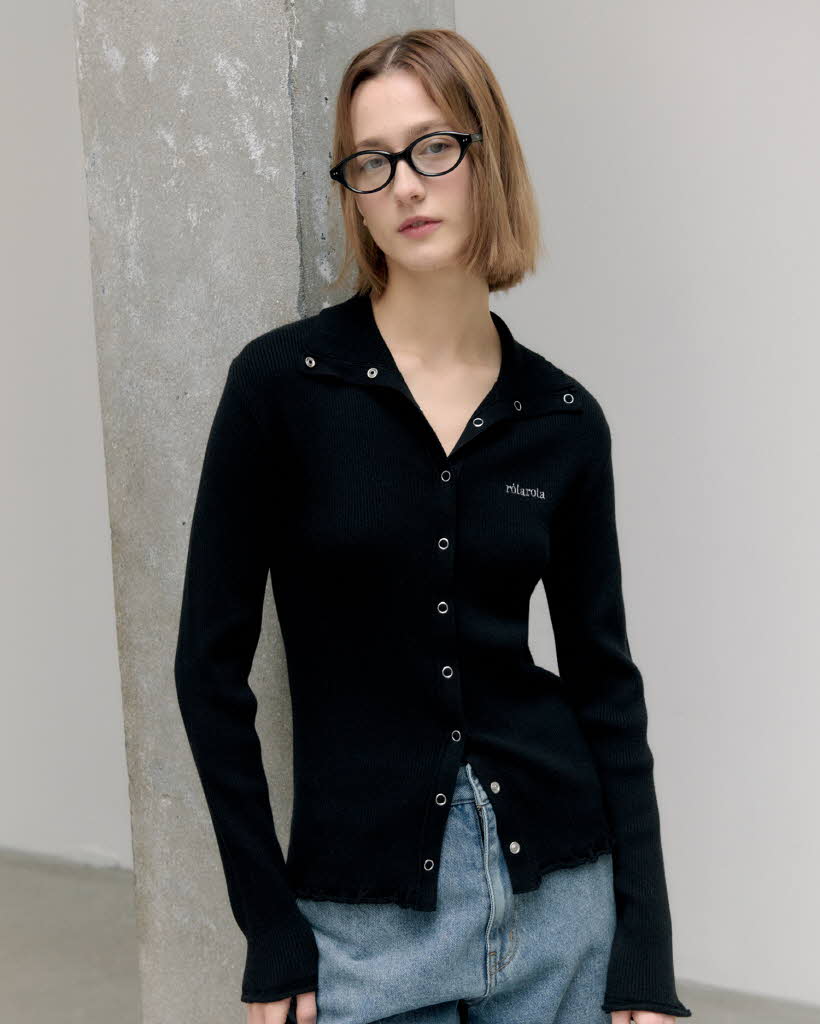 HIGH NECK FRILL KNIT CARDIGAN BLACK