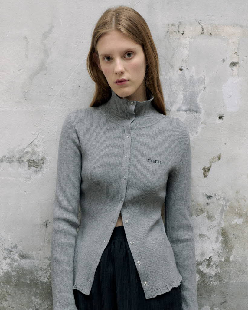 HIGH NECK FRILL KNIT CARDIGAN GRAY