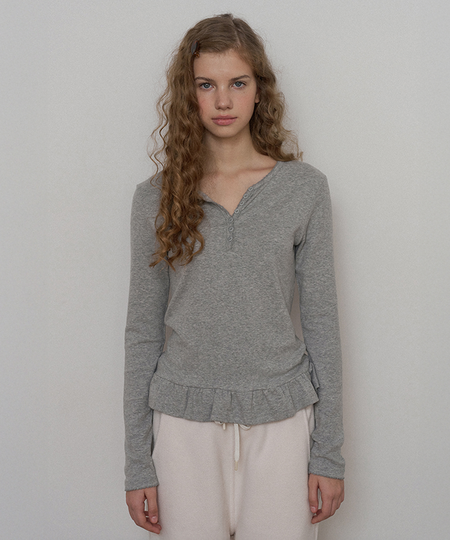 Henley Frill Top - Grey
