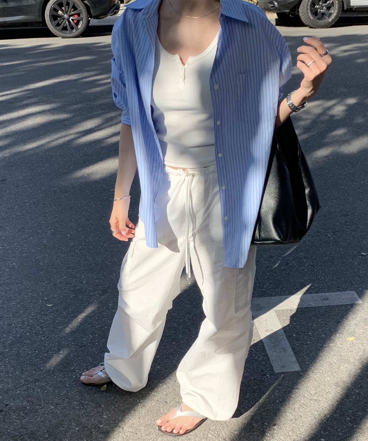 Hush Stripe Over-Fit Shirt - Light Blue