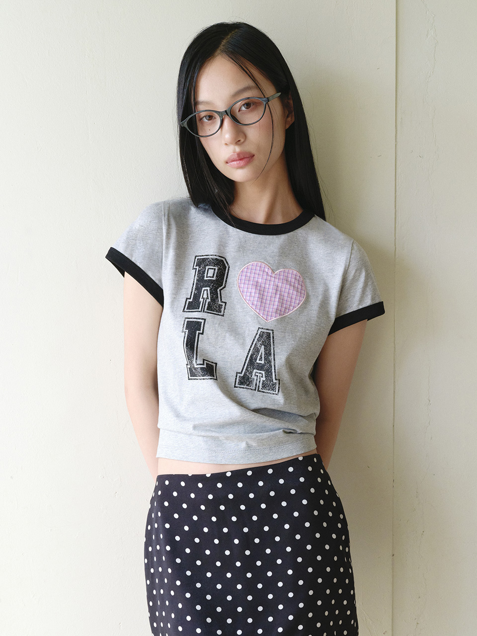 I LOVE ROLA PATCHWORK RINGER T-SHIRT GRAY