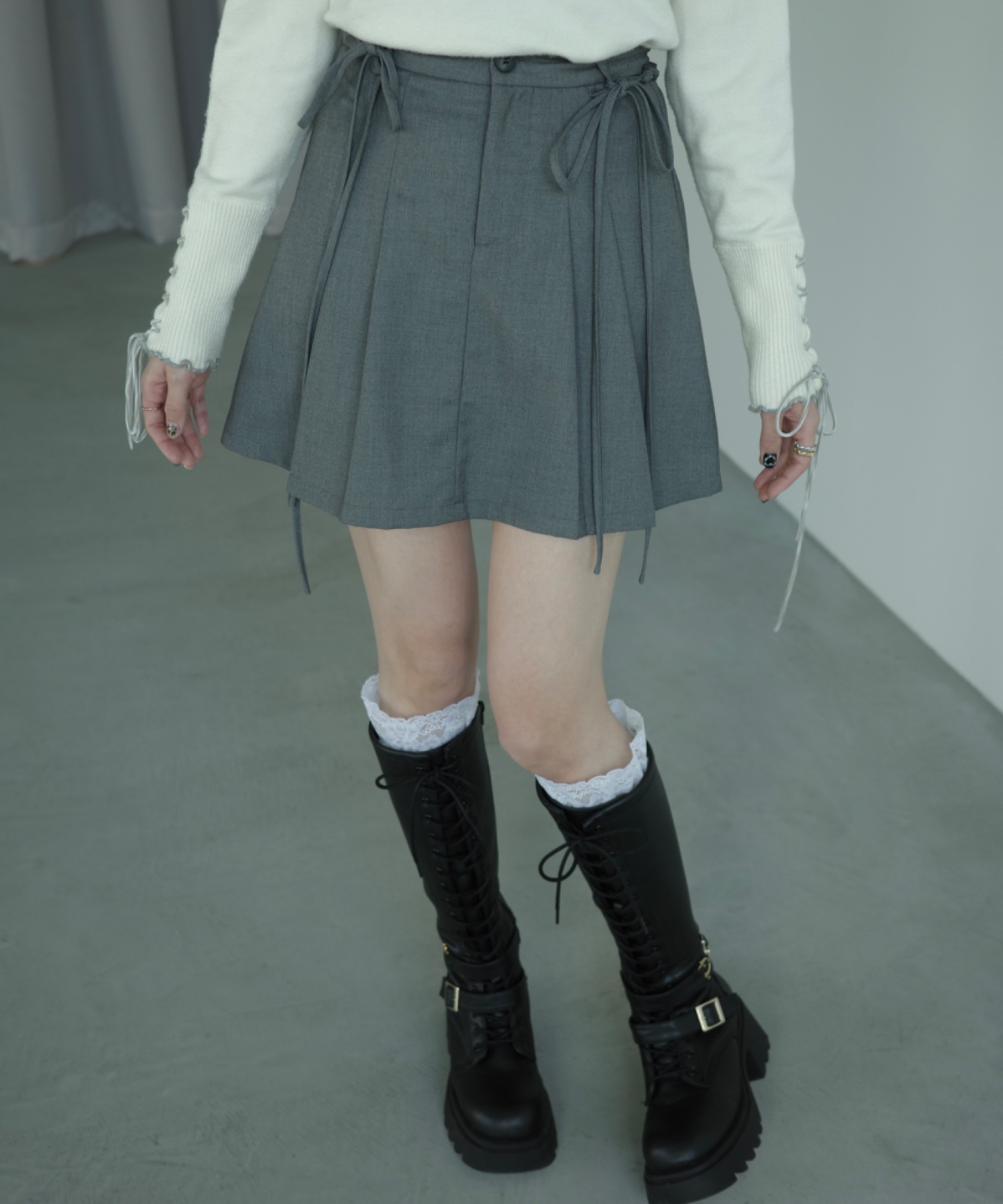 2way ribbon belt mini skirt/ウエストリボンタックミニスカート