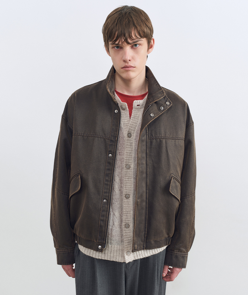 [MEN] Washed Eco Leather Jumper BROWN