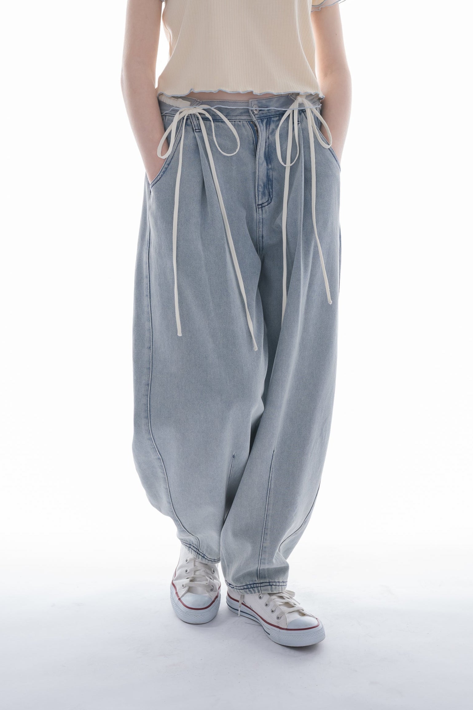 【BULBU-BU】 美品Ribbon Slim Denim Ribbon Denim Wide Pants/リボンデニムワイドパンツ