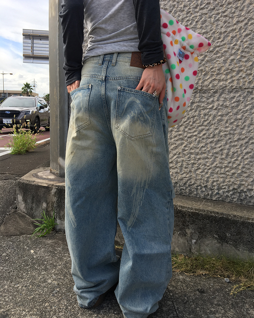 Fancy Club X haku] Angel Vintage Washing Pintuck Pants (Blue