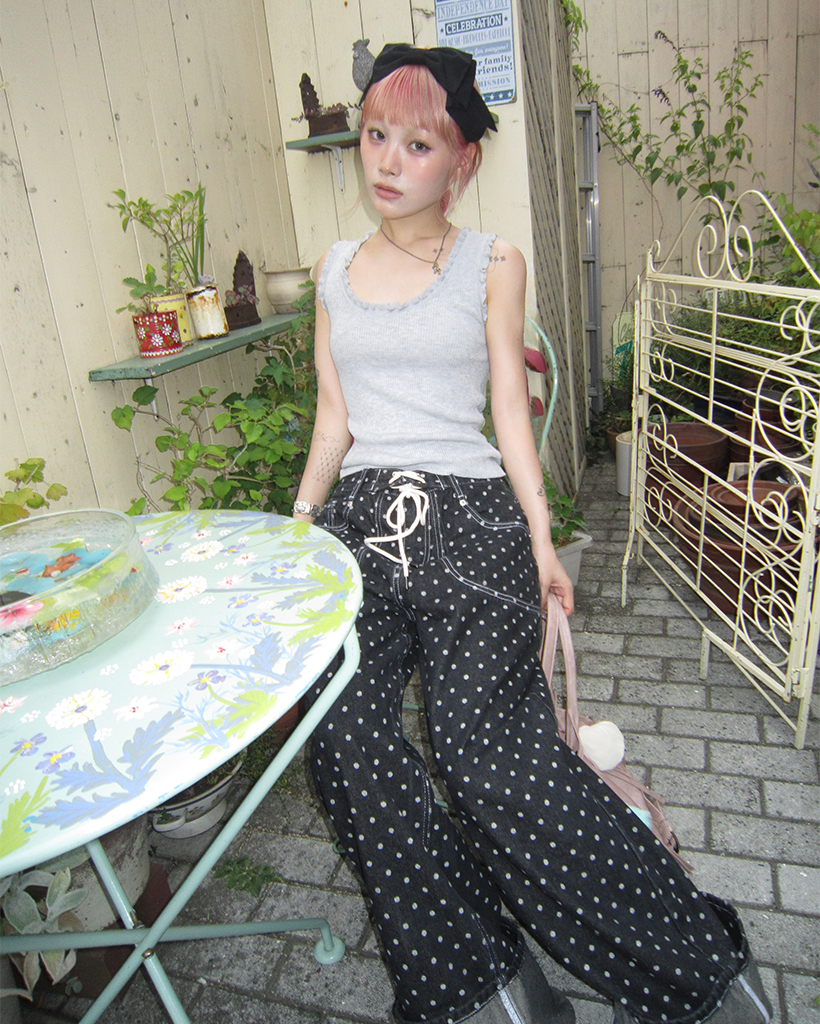 ★韓国大人気★【FANCY CLUB】STRING DOT ROLL-UP PANTS A'GEM/9 × .kom 『 FANCY CLUB/ファンシークラブ』 STRING DOT