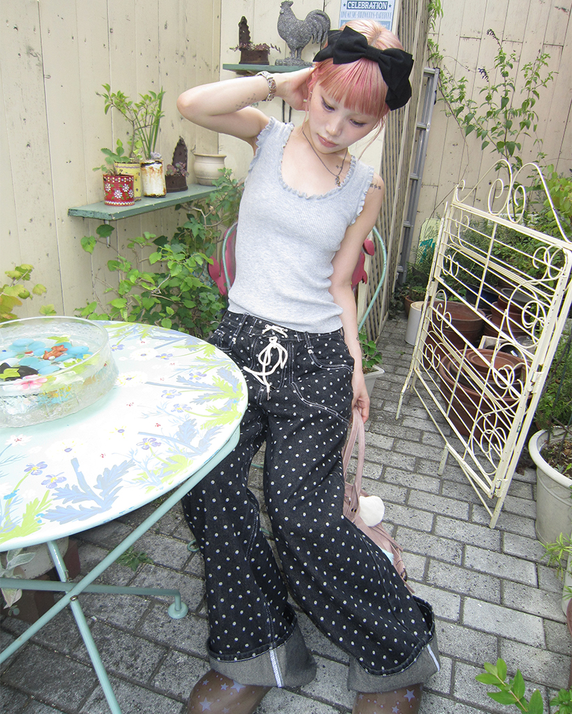 Fancy Club X haku] String Dot Roll-Up Pants (Black) F25QD890