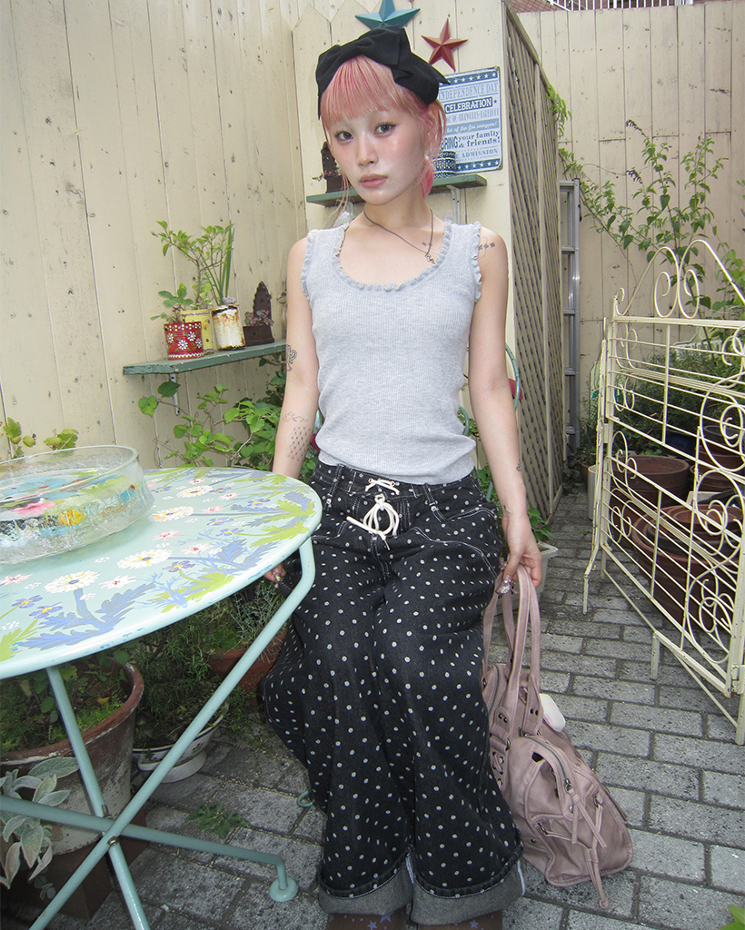 Fancy Club X haku] String Dot Roll-Up Pants (Black) F25QD890