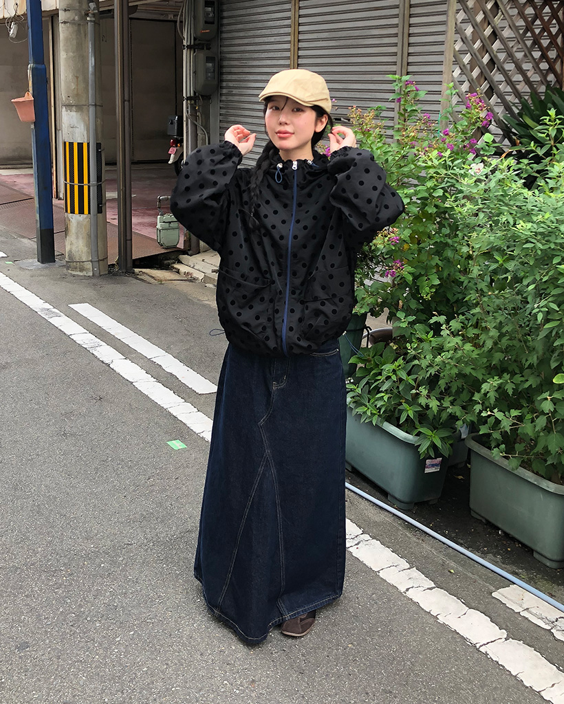 OHESHIO X sep19] dot frill hooded windbreaker jumper (black