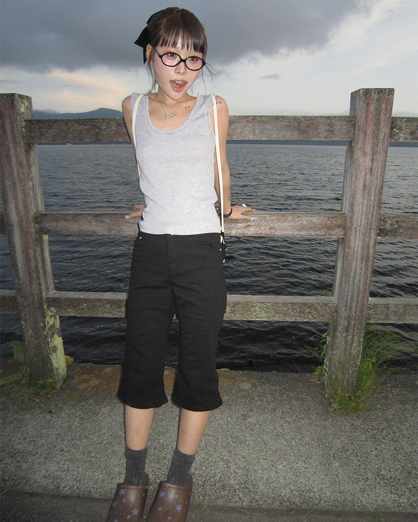 kalinka 手編み フリル ノースリーブ タンクトップ タンクトップ ノースリーブ フリルレースリブ編みタンクトップ