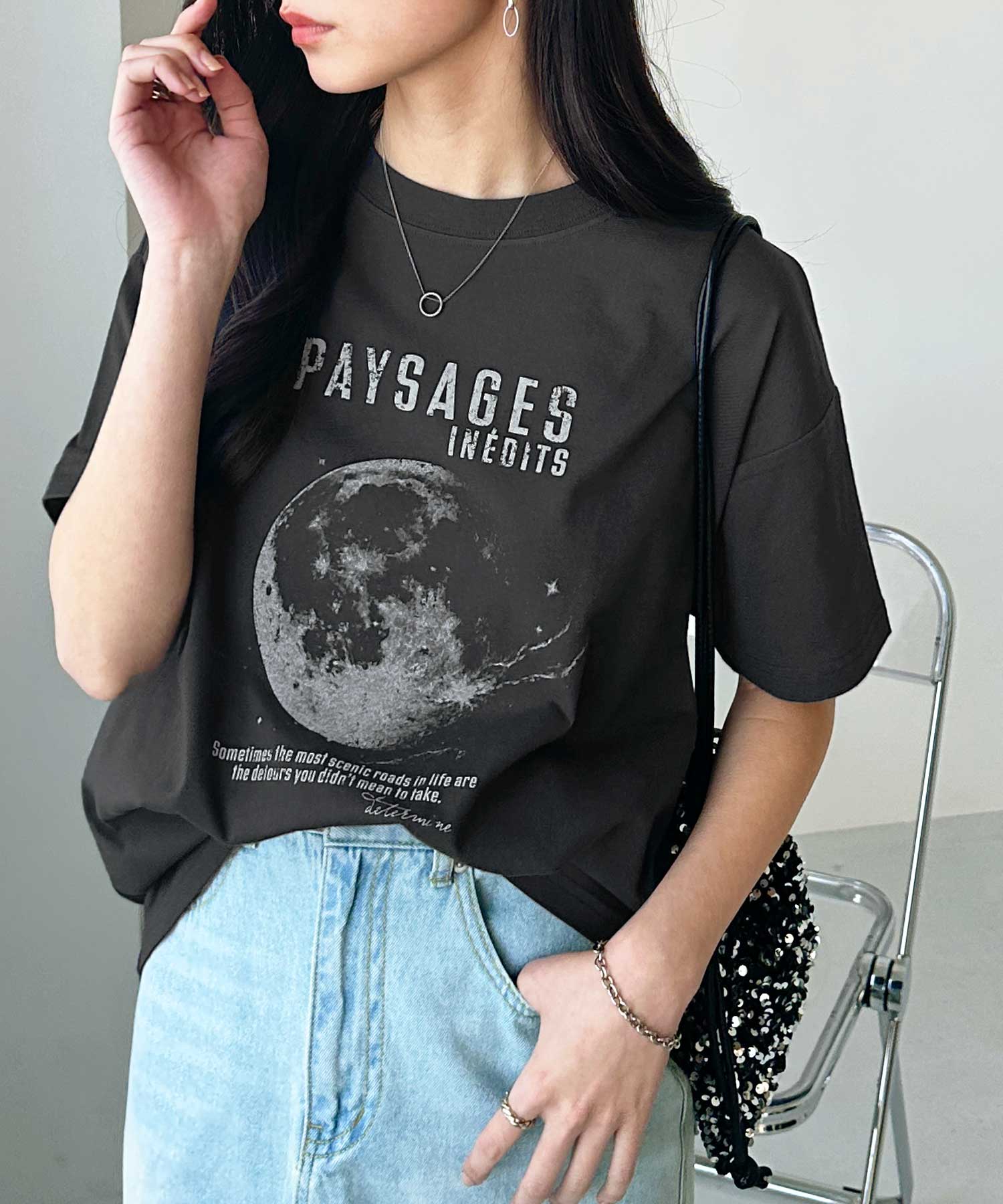 箔メタリック＆宇宙プリントオーバーサイズ半袖Tシャツ