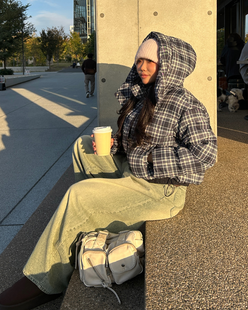 タータンチェックフードショートダウンジャケット