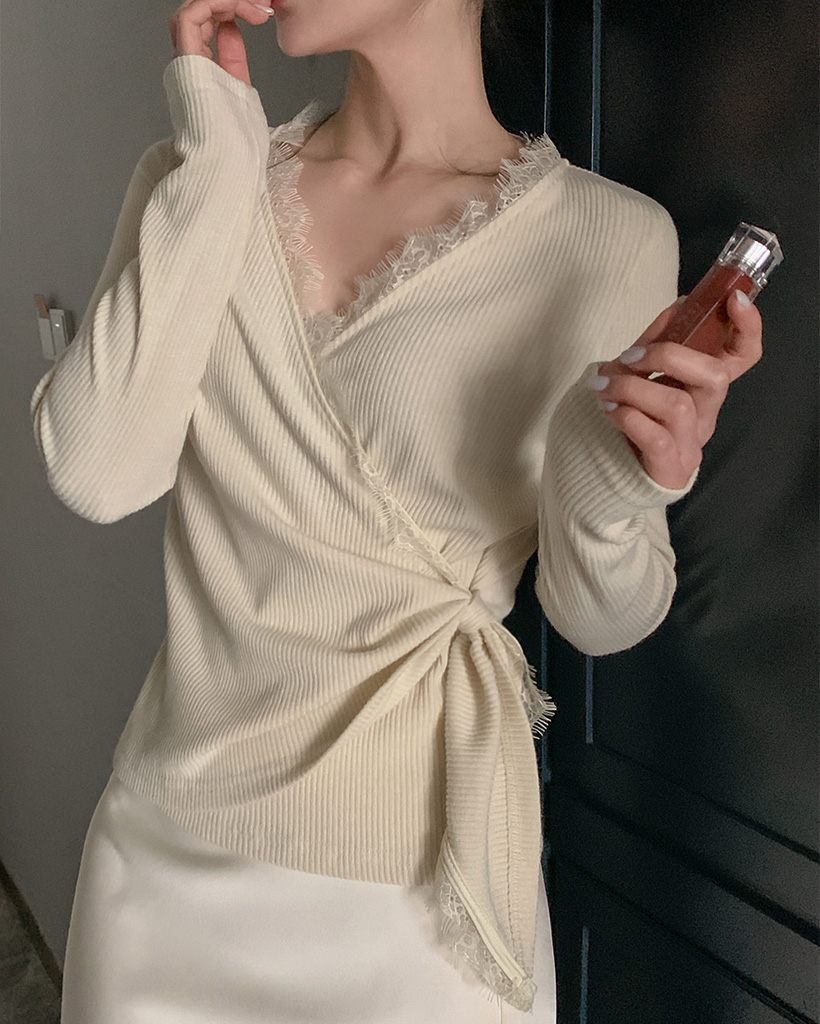 (3color) レース ウエストリボン ラップ リブニット トップス