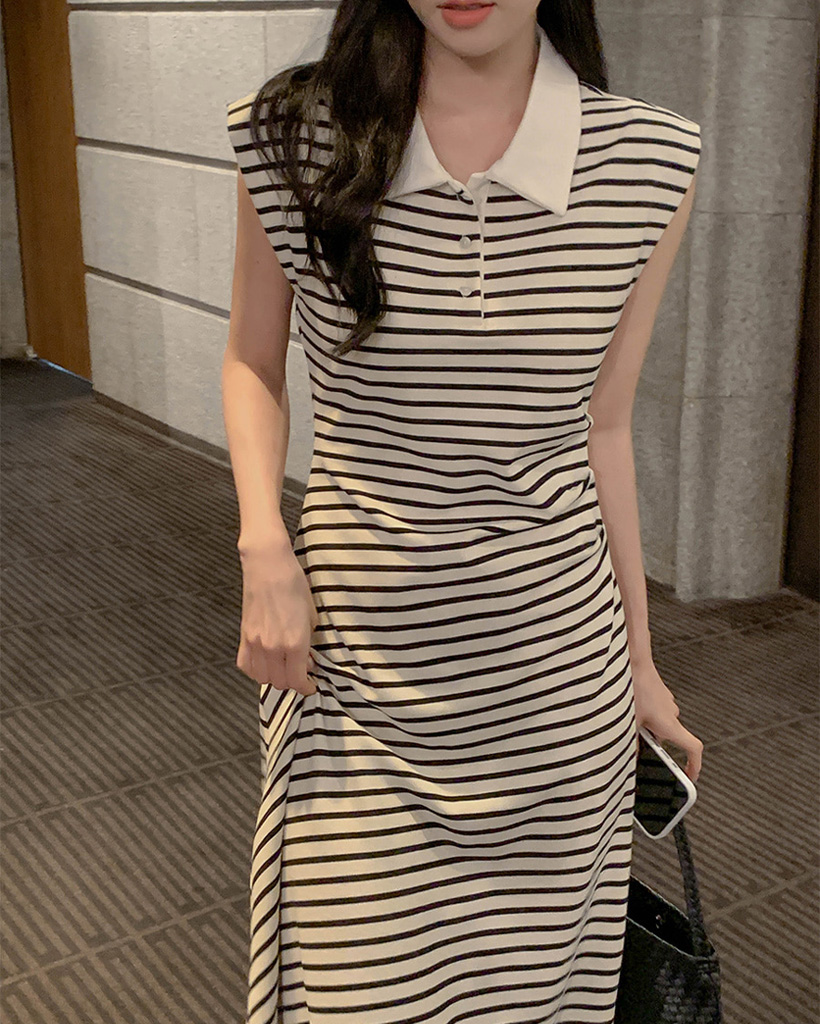 (black/stripe) 襟付き シャーリング Aライン ロング ワンピース