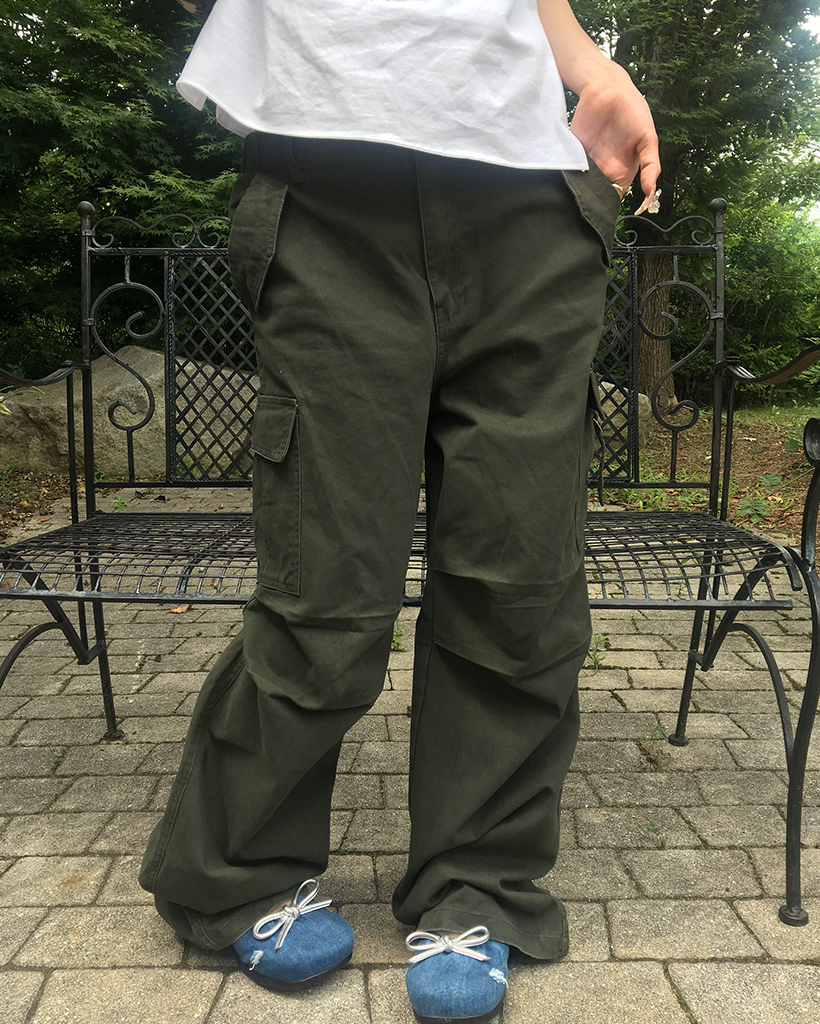 ダメージディテールウエストバックゴムコットンカーゴパンツ