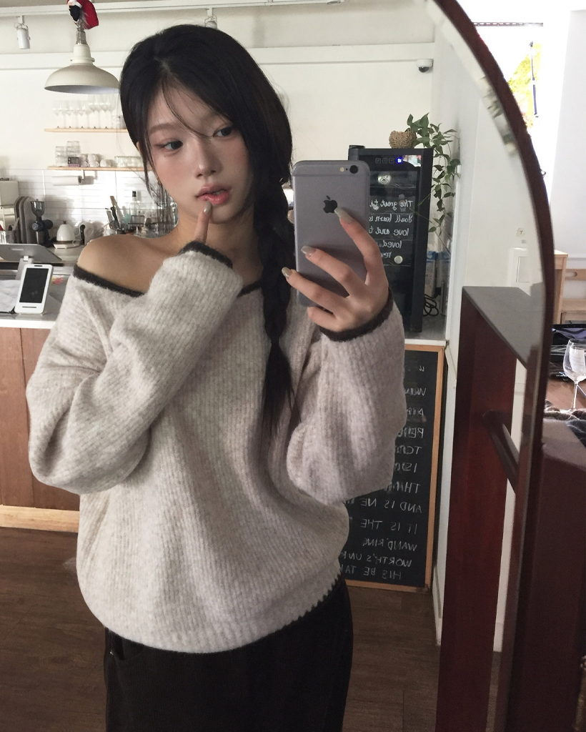 (4color)アンバランスバイカラーオフショルニット