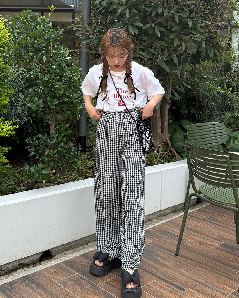 リボンギンガムチェックサマーイージーパンツ | ファッション
