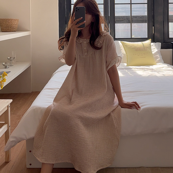 orignal/2type]チェックフリル半袖サマーパジャマセット