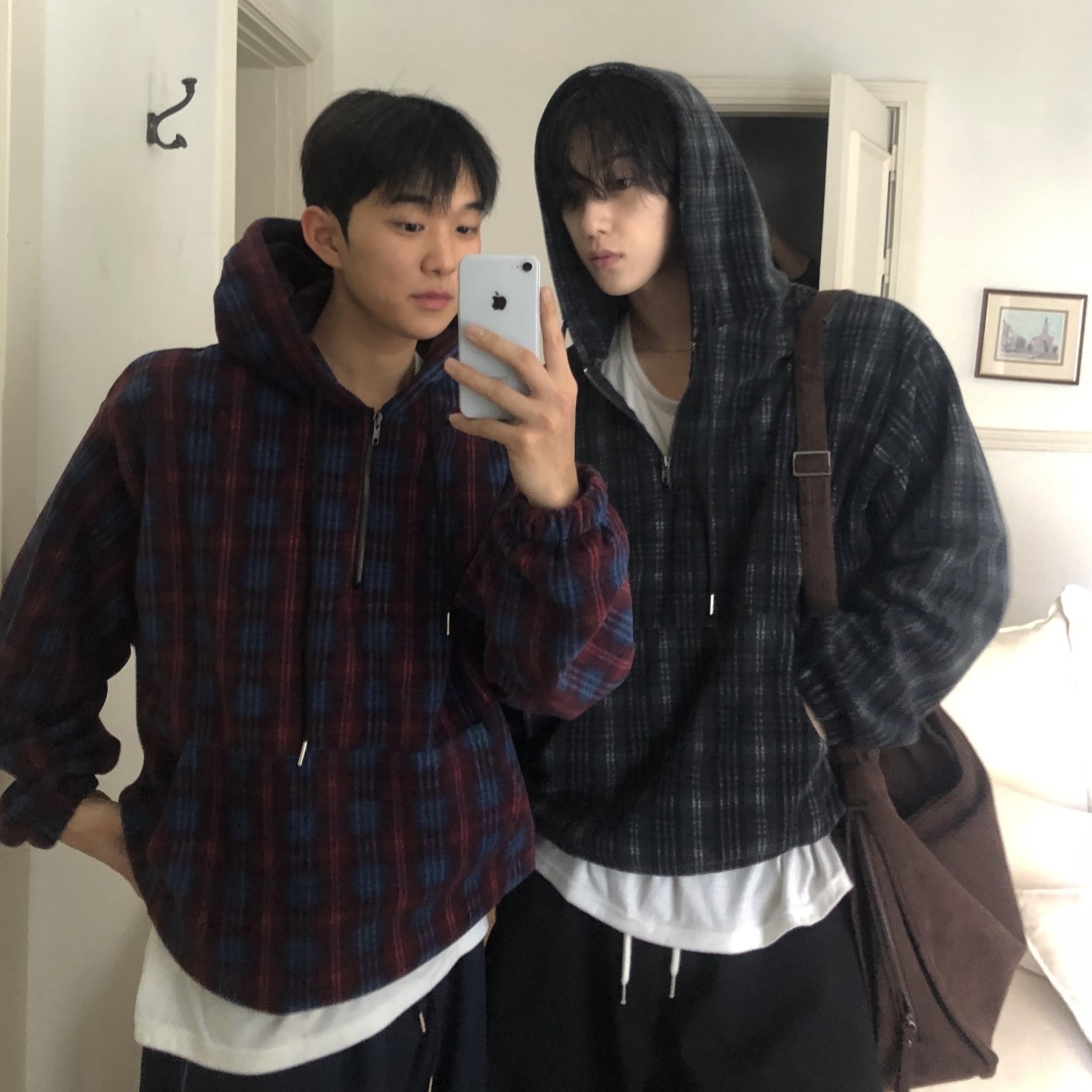 (2color)チェックフリースフード付きパーカー