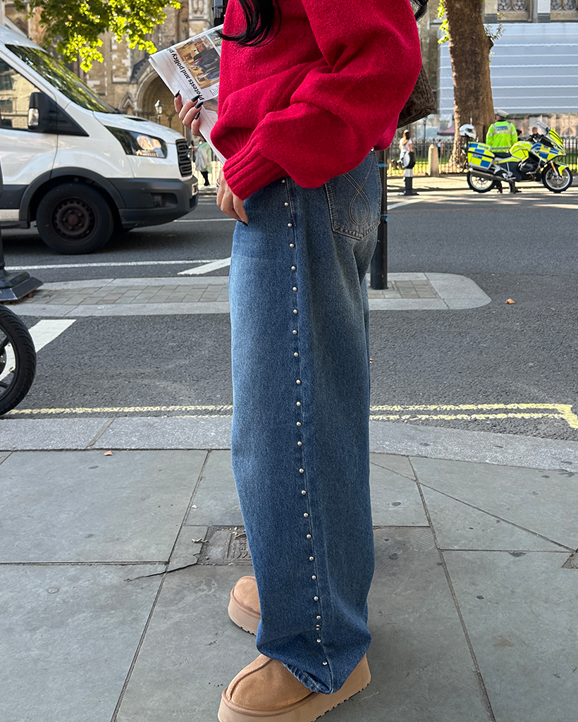 アウトシームスタッズラインワイドデニムパンツ | ファッション通販