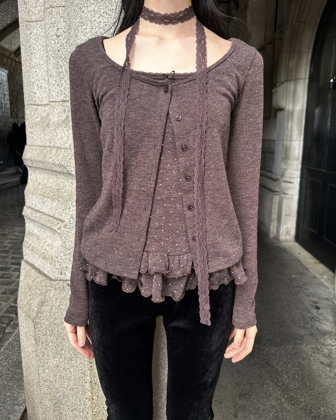 ドットノースリーブ＆カーディガン＆マフラーセット