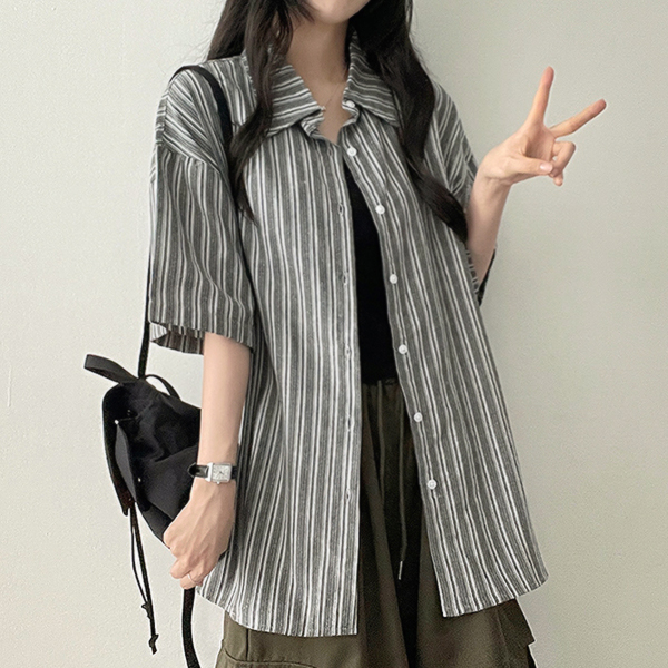 リネンストライプオーバーサイズ半袖シャツ | ファッション通販