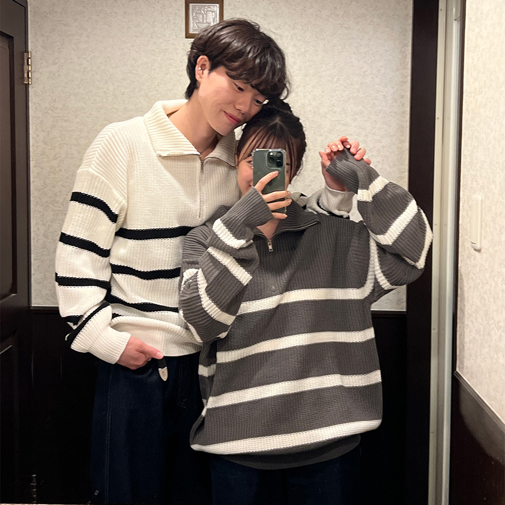 Na___00ページです♡ ユニセックスストライプハーフジップアップニット