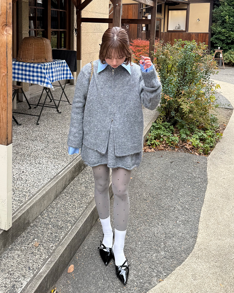 ダブルジップカーディガン＆カットオフミニスカセットアップ