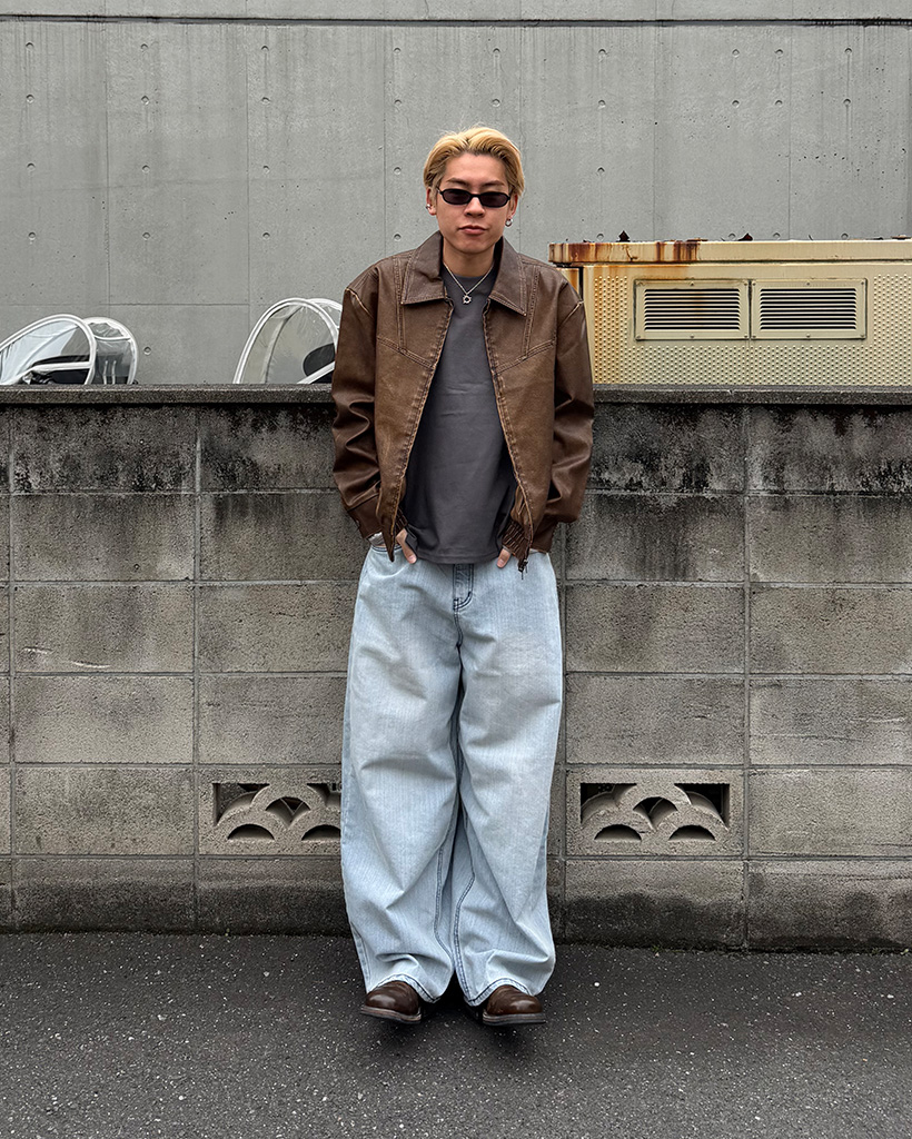 （ユニセックス）バックポケットポイントウォッシュワイドデニムパンツ