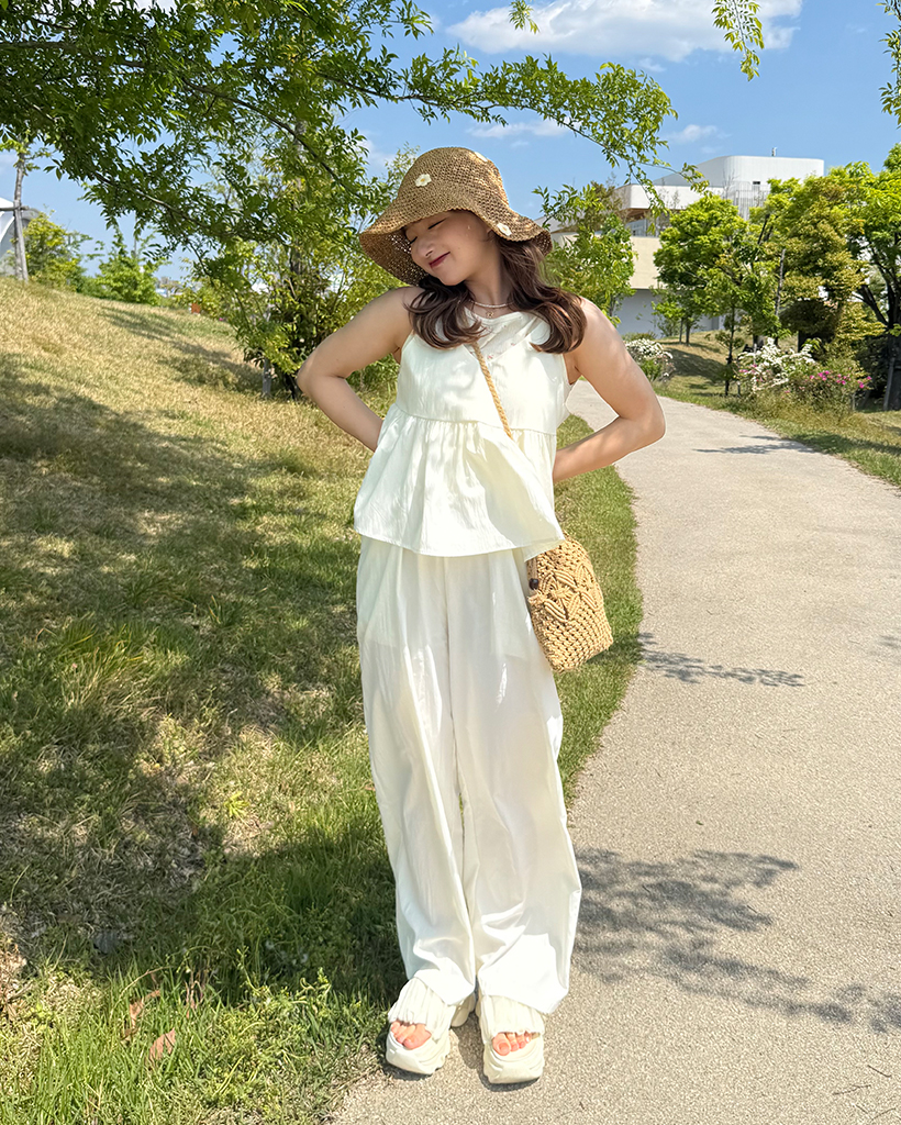 夏映え ワイドパンツセット フリルキャミ 涼しげ 上品 美脚 清楚 キャミフリルビスチェ＆ワイドパンツセット | ファッション通販