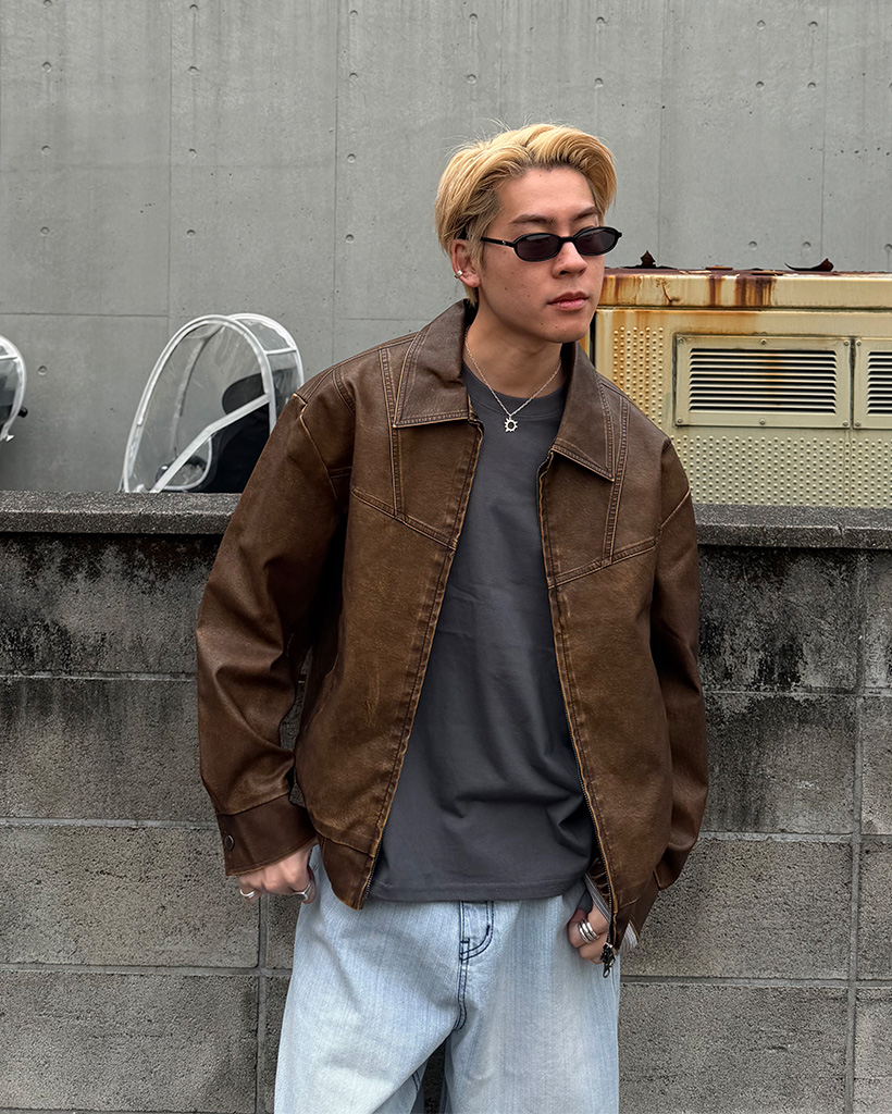 ヴィンテージウォッシュポイントレザーカラージャケット