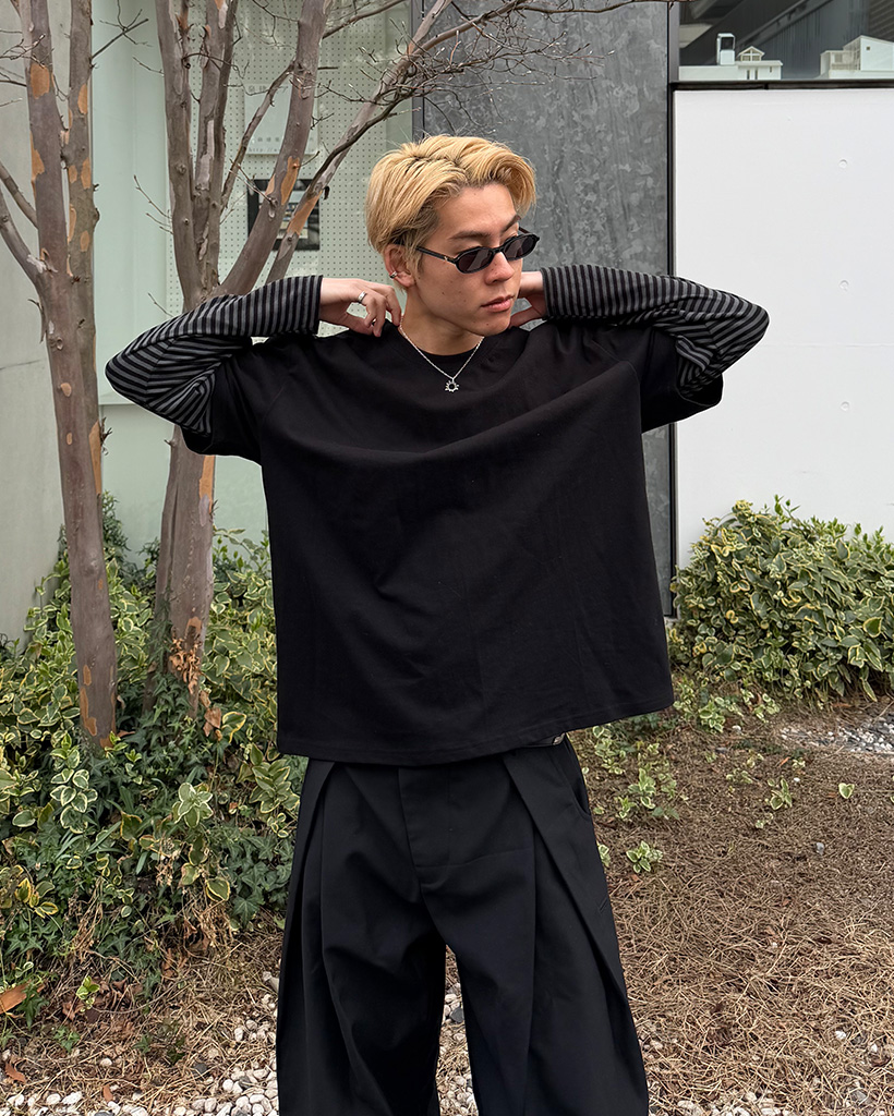 （ユニセックス）ボーダーポイントレイヤードTシャツ