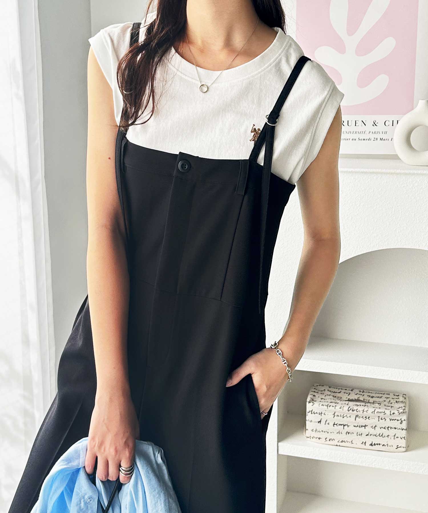 この夏のマストアイテム！とろみ素材ワンボタンベアキャミサロペット