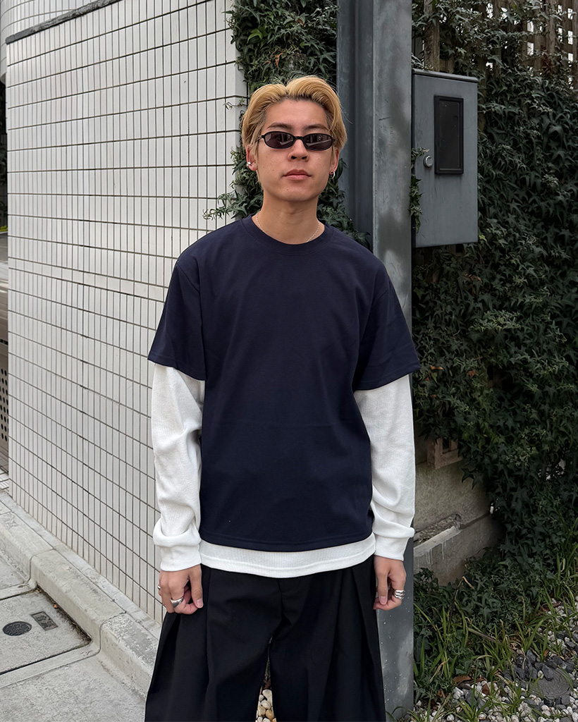 ワッフルバイカラーレイヤードTシャツ