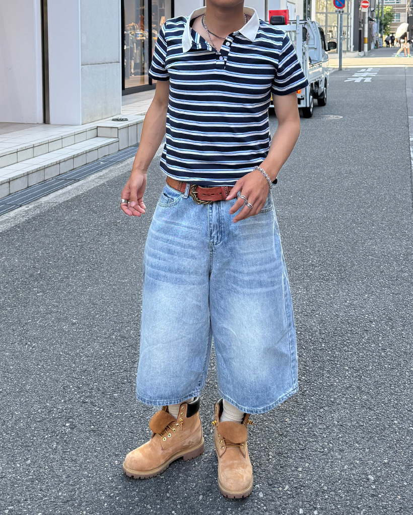 【関税込み】DIDU グレー ウォッシュ デニムパンツ ワイドヒゲウォッシュバミューダデニムパンツ | ファッション