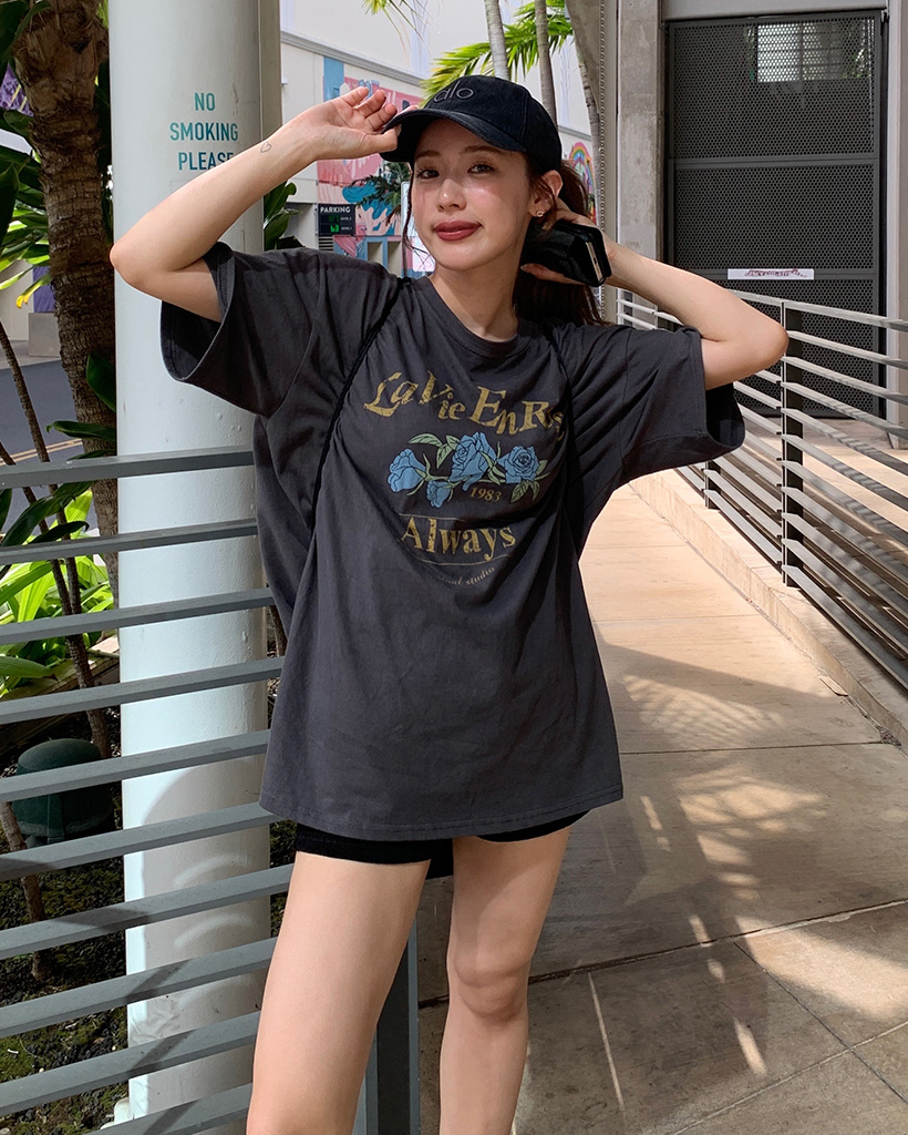 【mint + 】ハンドメイド モチーフ ピグメントフラワープリントルーズハーフTシャツ | ファッション