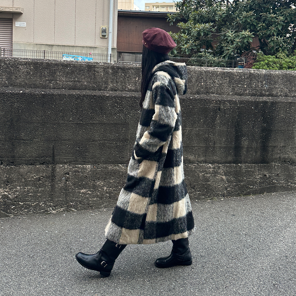チェックフードロングコート | ファッション通販サイト NUGU