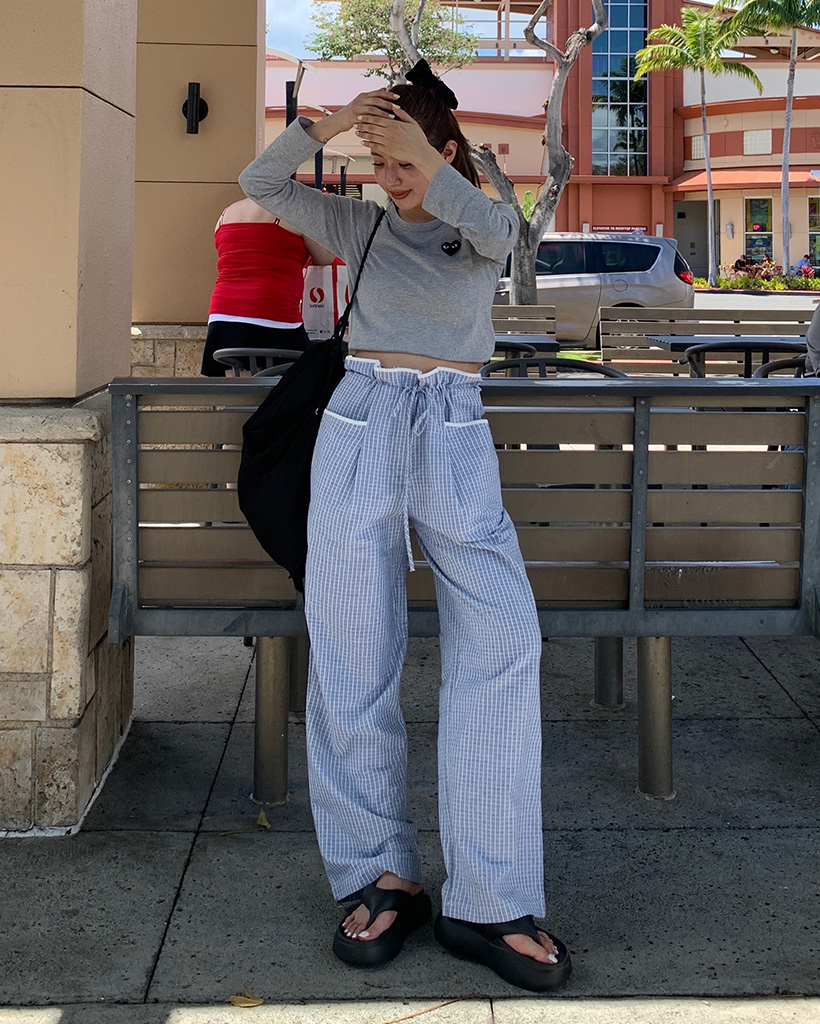 ドローストリングウエストグラフチェックワイドパンツ