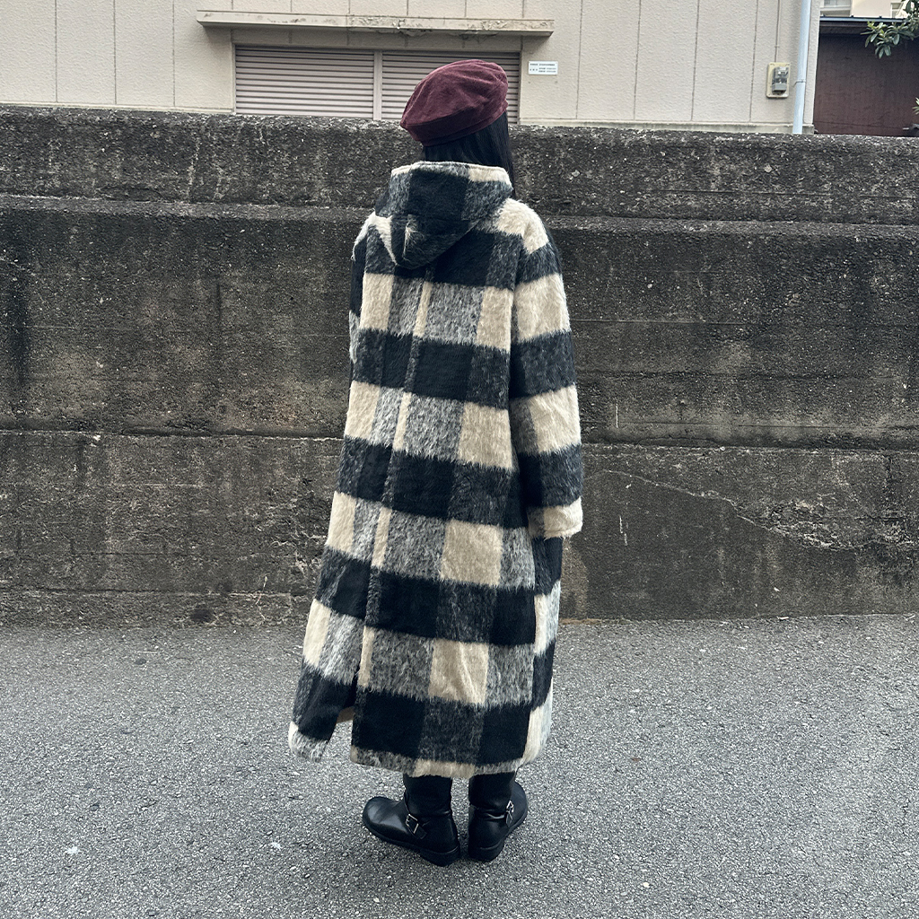 チェックフードロングコート | ファッション通販サイト NUGU